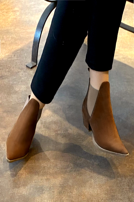 Caramel brown women's ankle boots, with elastics. Pointed toe. Medium cone heels. Worn view - Florence KOOIJMAN